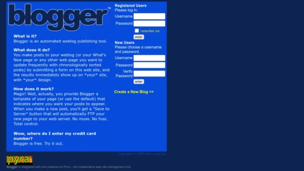 screenshot of Blogger from 1999