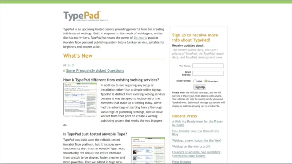 screenshot of TypePad from 2003